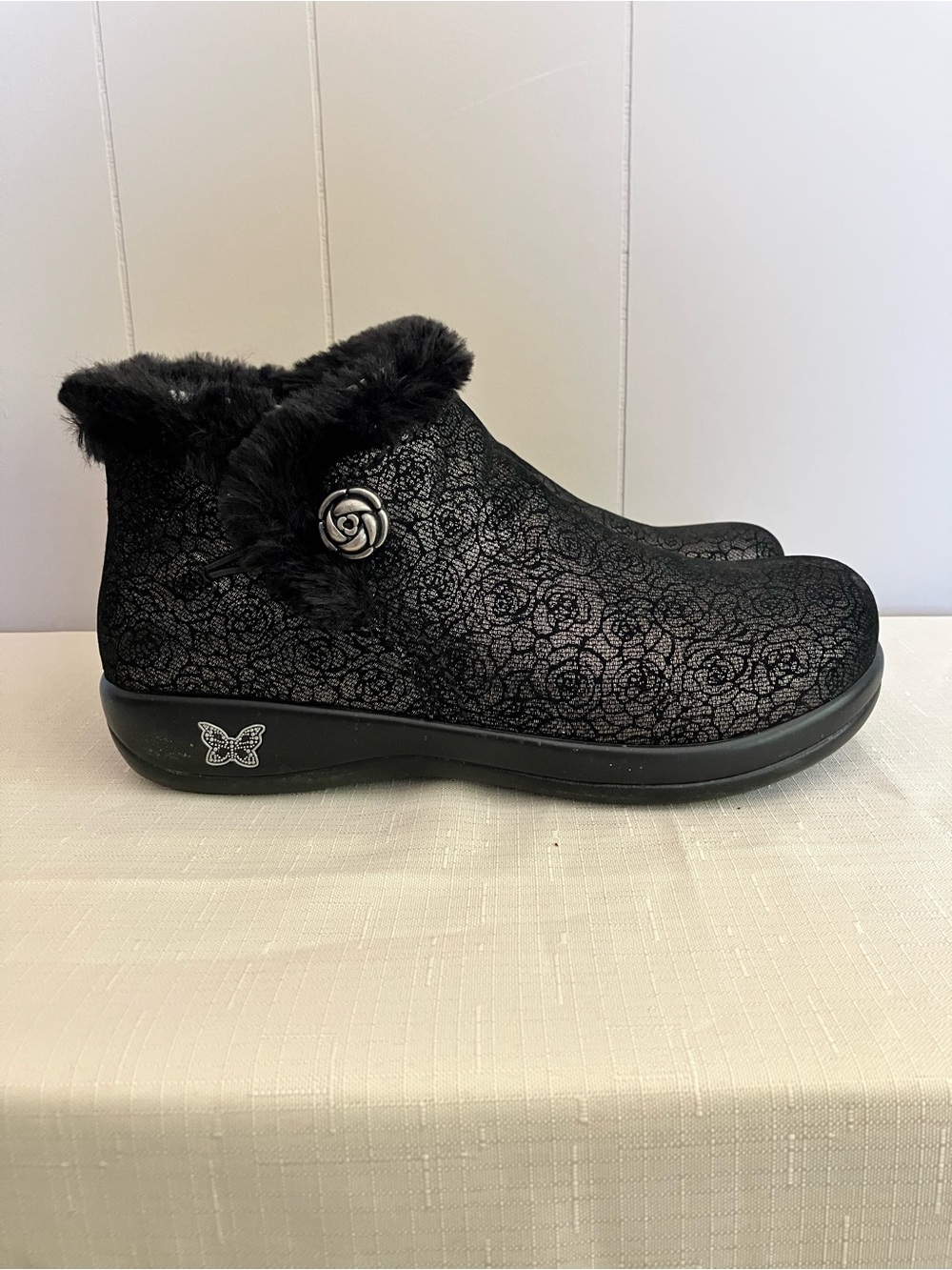 Alegria Black Leather & Faux-Fur Ankle Bootie with Rose Button Zipper
